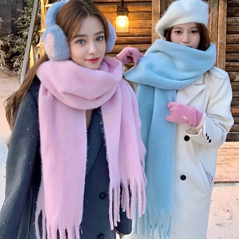 Winter Scarf for Women Cashmere Warm Solid Pink Pashmina Blanket Wraps Female Thick Soft Bufanda Big Tassel Shawl Long Echarpe