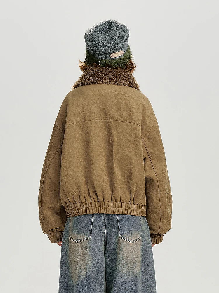 Jaqueta de camurça falsa shearling vintage para mulheres inverno grosso casaco quente retro cordeiro velo guarnição outerwear casual streetwear