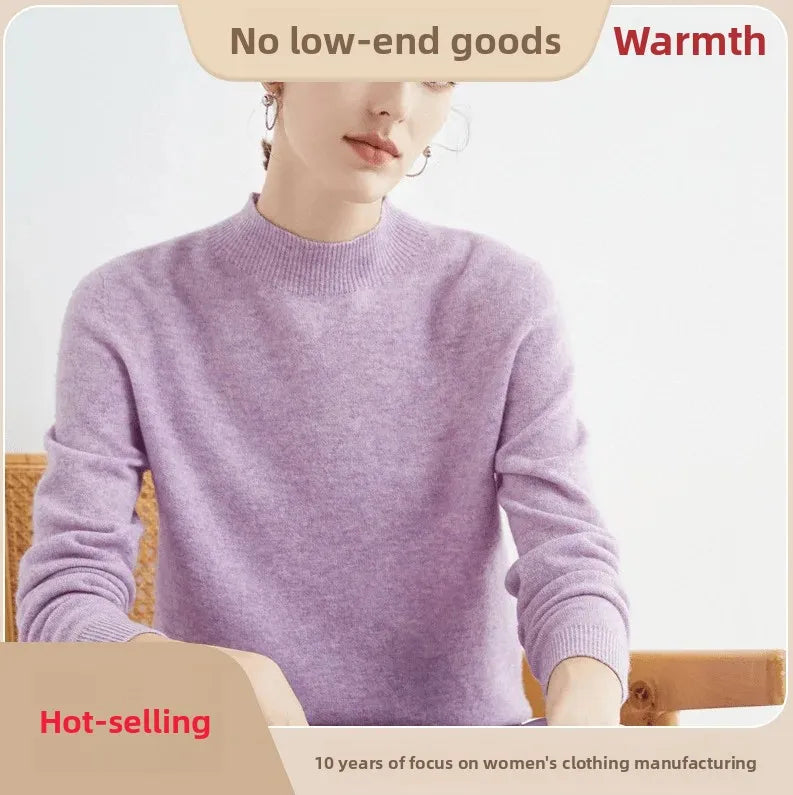 Red Woolen Knitted Sweater Women's Winter Full Length Sleeve Overhead Style Slimming Inner Wear Base Layer Half High Collar