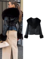 New Women Slim Imitation Fur Collar Jacket Chic Pu Leather Long Sleeve Button Winter Warm Streetwear Fashion Faux Leater Coat