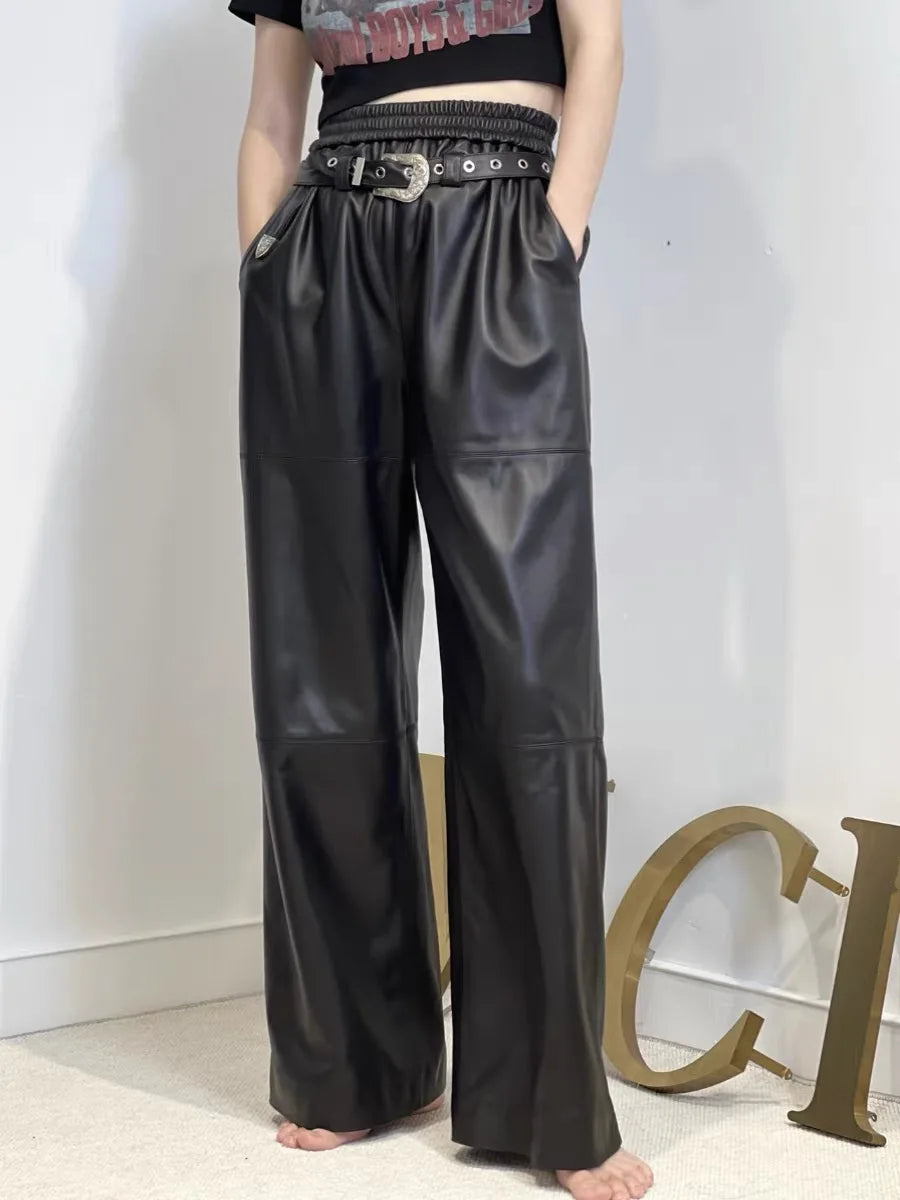 Y2k calças de carga femininas cintura alta calças largas 2025 nova moda coreana perna larga calças de couro genuíno streetwear estilo solto