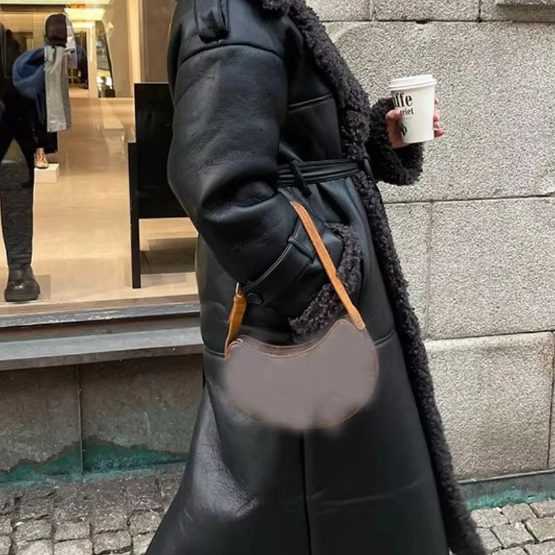 Faux Fur Leather Long Jacket Women Lapel Long Sleeve Belt Thicken Female Coats Winter Fashion Street Patchwork Lady Outwear