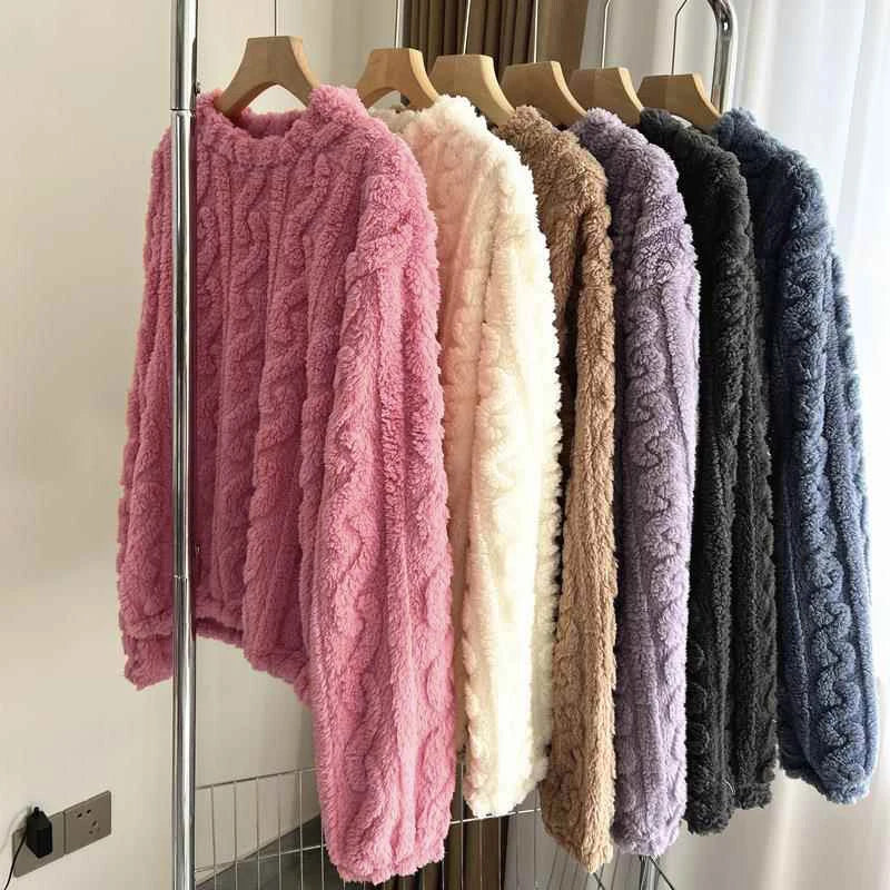 Winter Soft Coral Velvet Jacquard Warm Pajama Set for Women Solid Minimalist Striped Loungewear Female Comfortable Sleepwear New