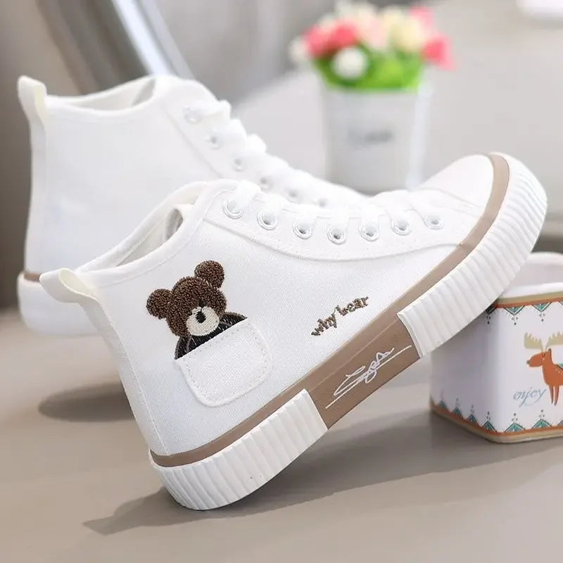 Canvas Women's Versatile Cute Bear Shoes High Top Pocket Design Niche Design 2023 New Autumn Stylish Flat Heel Rubber Sole Shoes