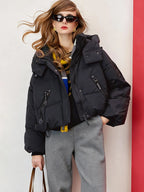 Jaqueta feminina oversized com capuz curto puffer real pato branco para baixo grosso quente casaco de inverno solto ajuste bolsos com zíper jaqueta para baixo