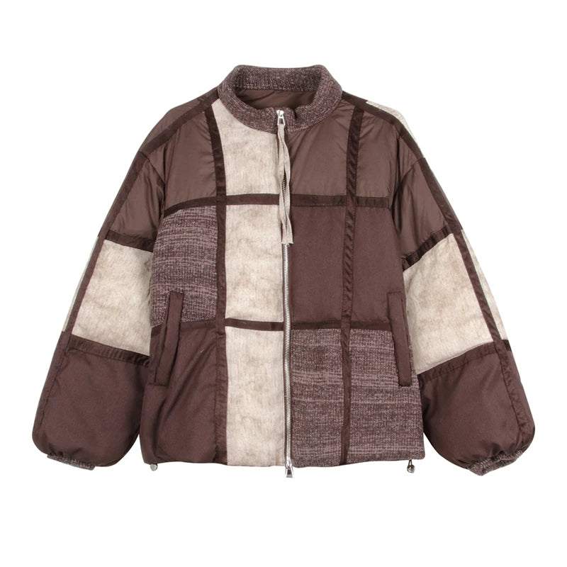 Mulheres oversized cor bloco puffer jaqueta zip up inverno quente para baixo casaco marrom bege retalhos solto ajuste leve outerwear