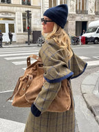 Women Chic Lapel Plaid Woolen Coat Casual Shawl Full Sleeve Double Breasted Loose Long Coat 2026 Lady Daily Commute Outwear New