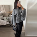 Casual Solid Women's Cardigan Lace Up Loose Knitwear Chic Spliting Batwing Sleeve Knitted Sweaters 2025 New Autumn Lady Knit Top