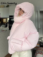 Warm Women's Hooded Cotton Padded Coats Loose Solid Stand Collar Full Sleeve Zipper Pockets Coat 2025 Autumn Winter Lady Outwear