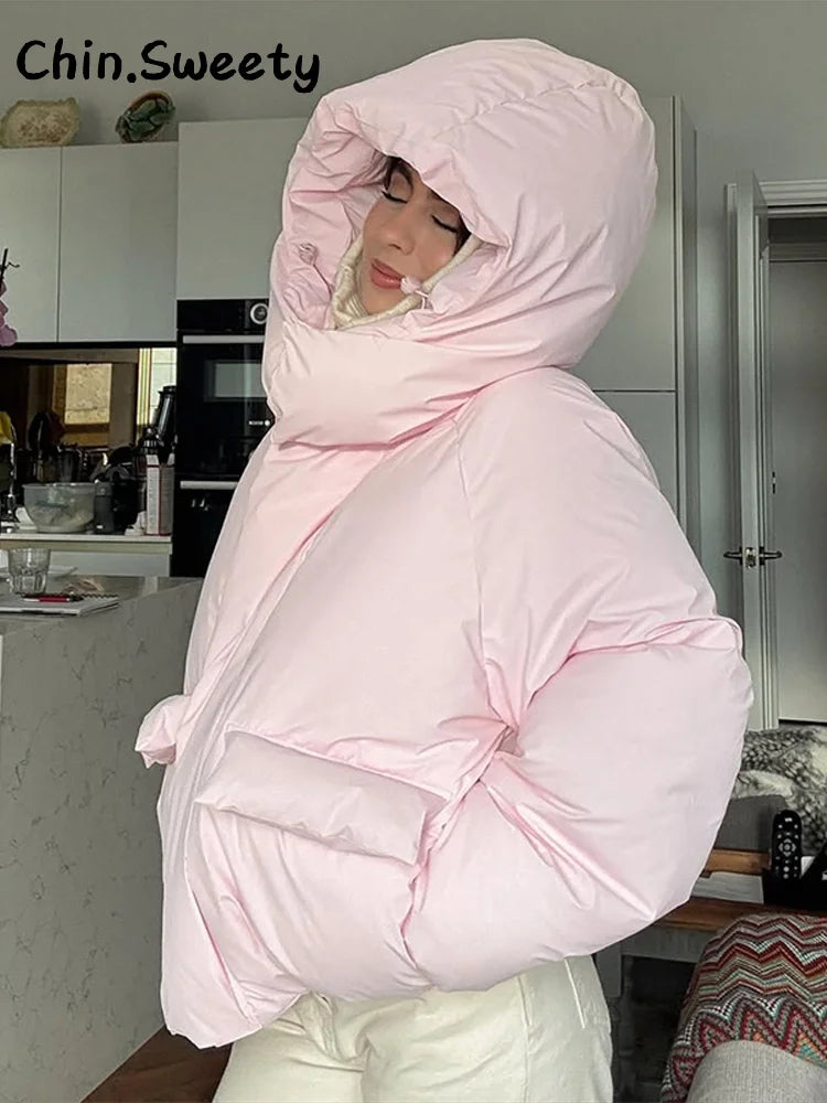 Warm Women's Hooded Cotton Padded Coats Loose Solid Stand Collar Full Sleeve Zipper Pockets Coat 2025 Autumn Winter Lady Outwear