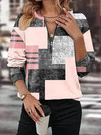 Autumn Color Blocked Printed Women's Long Sleeved T-shirts Geometry Zipper V-neck High Street Woman Tops Loose Casual Clothes