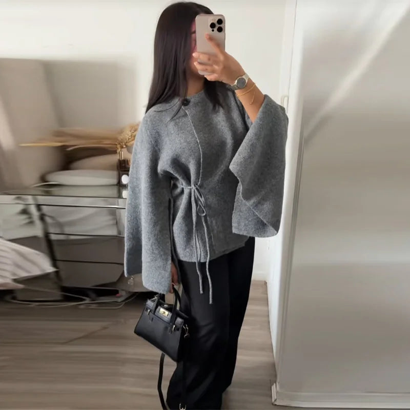 Casual Solid Women's Cardigan Lace Up Loose Knitwear Chic Spliting Batwing Sleeve Knitted Sweaters 2025 New Autumn Lady Knit Top