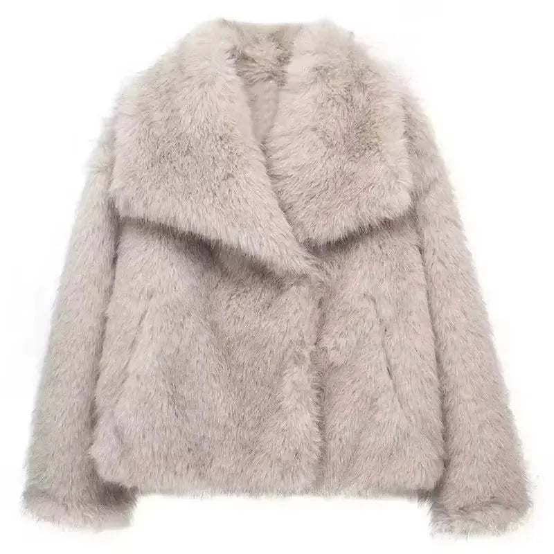 Hh feminino elegante casaco de pele do falso quente fofo solto manga longa lapela jaqueta outono inverno moda alta rua senhora outerwear
