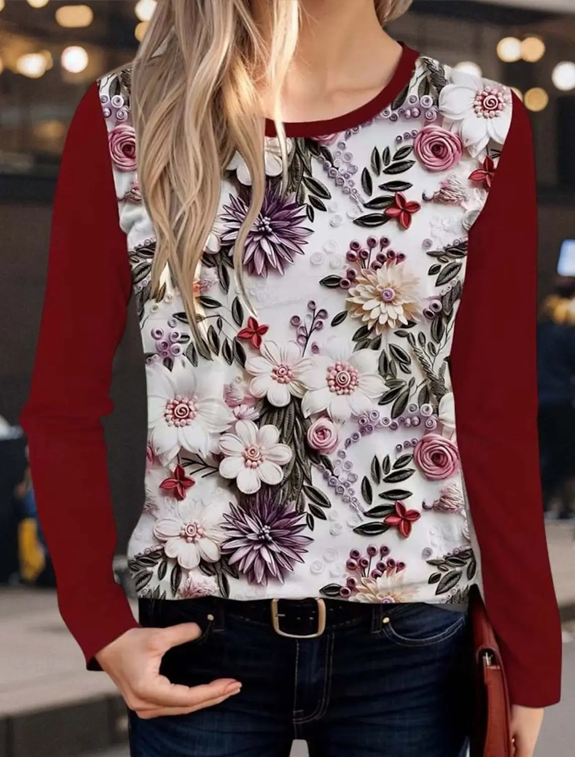 Vintage Flower 3d Print Long SleeveT-Shirt Casual Women's Clothing Long Sleeve T-shirt Fashion Casual Oversized Tops Tees Female