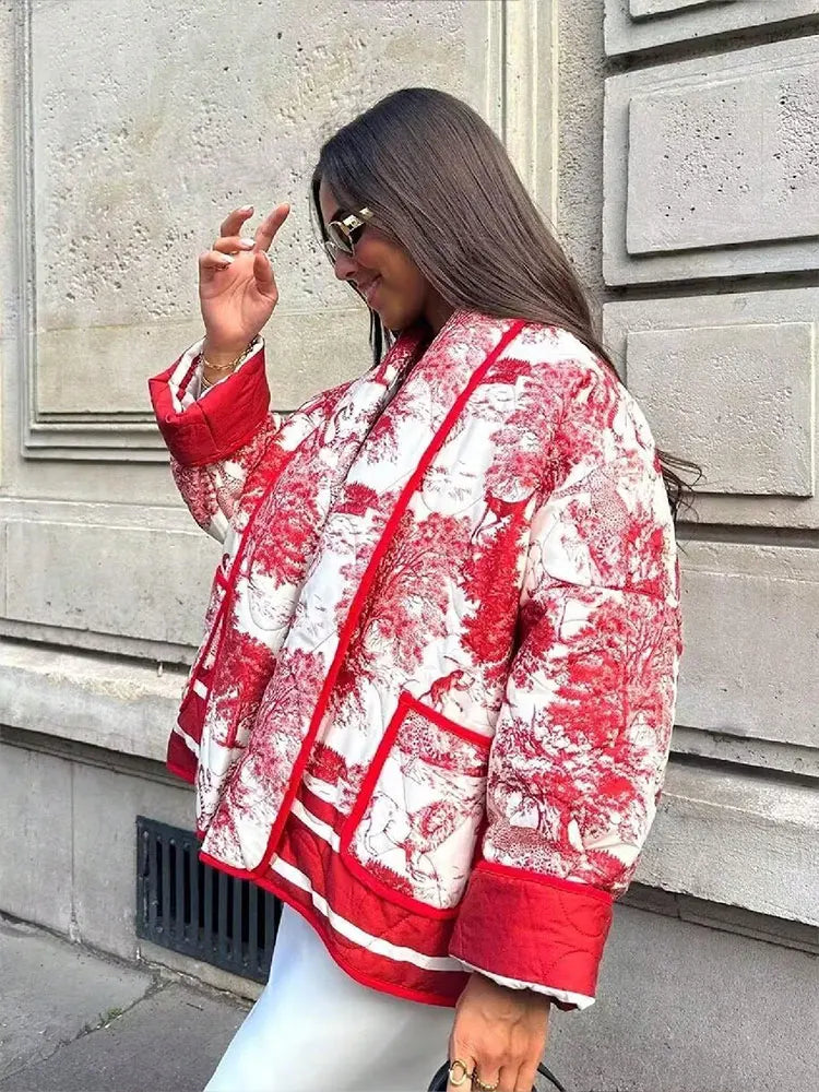 HH Autumn Winter Women Print Quilted Jacket Long Sleeve Cardigan Coat With Pocket Women Elegant Fashion Warm Outwear