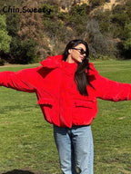 Warm Women's Hooded Cotton Padded Coats Loose Solid Stand Collar Full Sleeve Zipper Pockets Coat 2025 Autumn Winter Lady Outwear