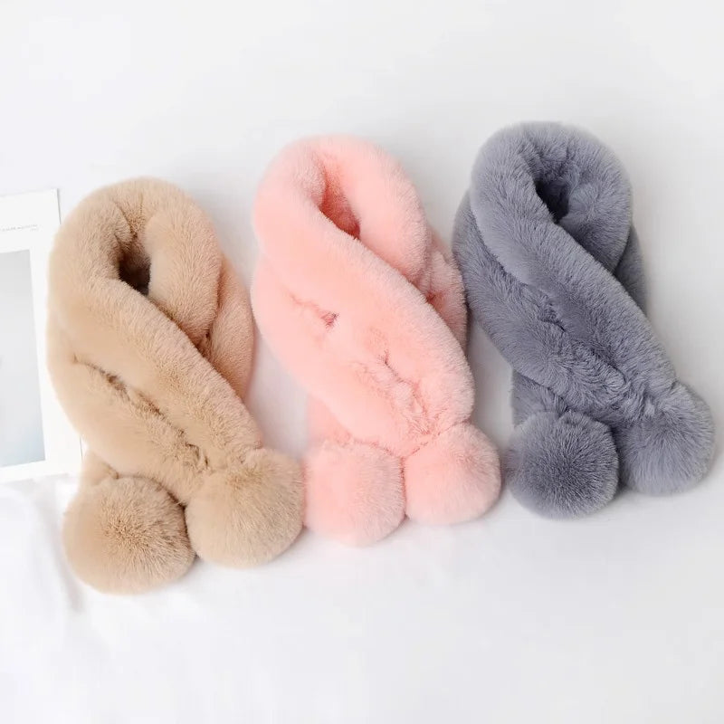 1pc Plush Cross Scarf Faux Rabbit Fur Thickened Plush Ball Thermal Scarf Thick Winter Women Neck Warmer Collar Neckerchief