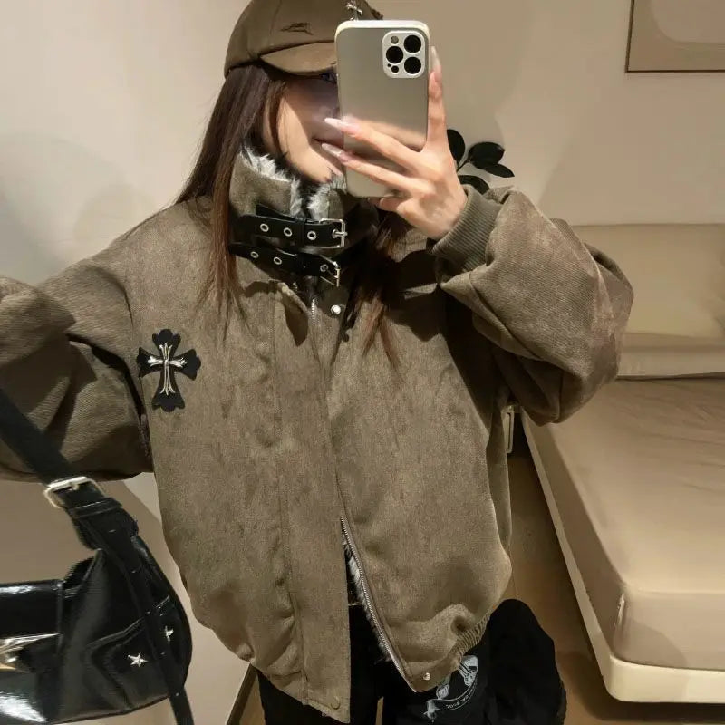 Maillard Retro Americano Emendado ​ ​ Gola de pele montanha escultura casaco de algodão cruz casaco feminino inverno veludo engrossado casaco de algodão