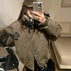 Maillard Retro Americano Emendado ​ ​ Gola de pele montanha escultura casaco de algodão cruz casaco feminino inverno veludo engrossado casaco de algodão