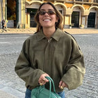 Hxao jaqueta bomber feminina lapela manga longa com zíper jaqueta de camurça feminina 2025 high street recortada jaquetas de corrida casacos outerwears