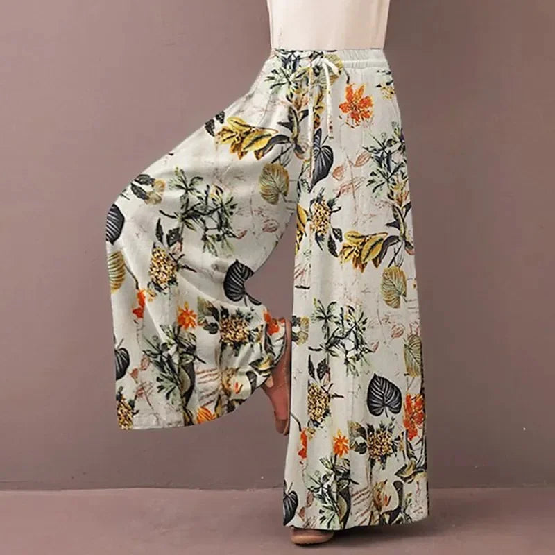 Floral impressão perna larga calças femininas primavera cordão bohemia senhora casual solto cintura elástica pantalonsw plus size
