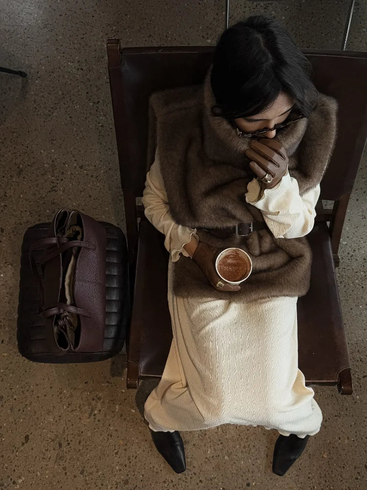 Chic Brown Faux Fur Vest Women's Casual Loose Fit Sleeveless Winter Warm Crop Waistcoat Lady High Street Thick Outerwear 2025