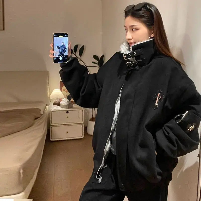 Maillard Retro Americano Emendado ​ ​ Gola de pele montanha escultura casaco de algodão cruz casaco feminino inverno veludo engrossado casaco de algodão