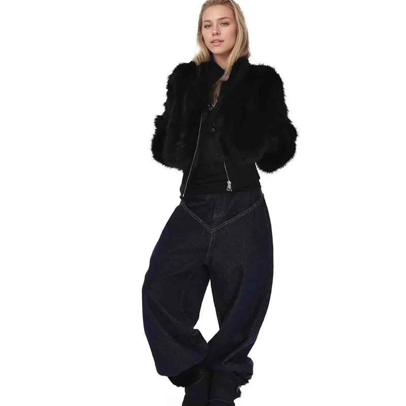 Gola alta e ombro frontal imitação de pele de raposa casaco para outono e inverno feminino 2025 novo zíper casaco de pele curto de alta qualidade