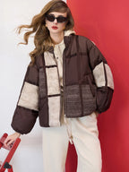 Mulheres oversized cor bloco puffer jaqueta zip up inverno quente para baixo casaco marrom bege retalhos solto ajuste leve outerwear