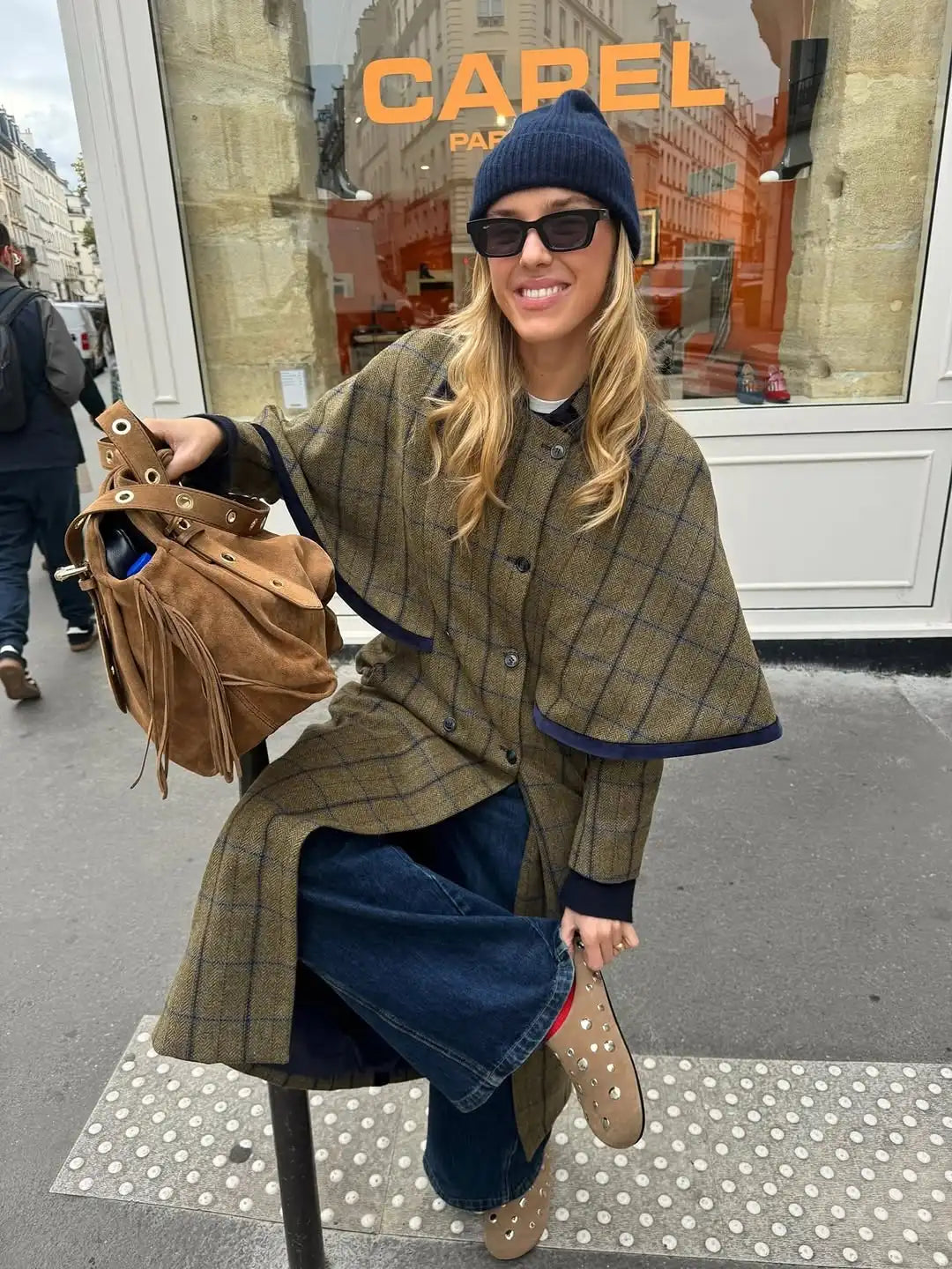 Women Chic Lapel Plaid Woolen Coat Casual Shawl Full Sleeve Double Breasted Loose Long Coat 2026 Lady Daily Commute Outwear New