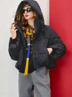 Jaqueta feminina oversized com capuz curto puffer real pato branco para baixo grosso quente casaco de inverno solto ajuste bolsos com zíper jaqueta para baixo