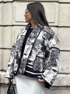 HH Autumn Winter Women Print Quilted Jacket Long Sleeve Cardigan Coat With Pocket Women Elegant Fashion Warm Outwear