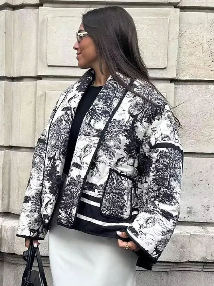 HH Autumn Winter Women Print Quilted Jacket Long Sleeve Cardigan Coat With Pocket Women Elegant Fashion Warm Outwear