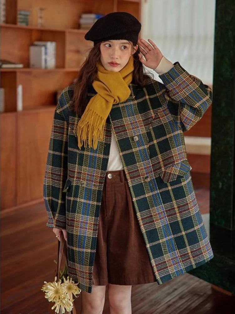 2025 nova chegada francês retro xadrez casaco de lã para mulher comprimento médio longo high end pequena altura casaco