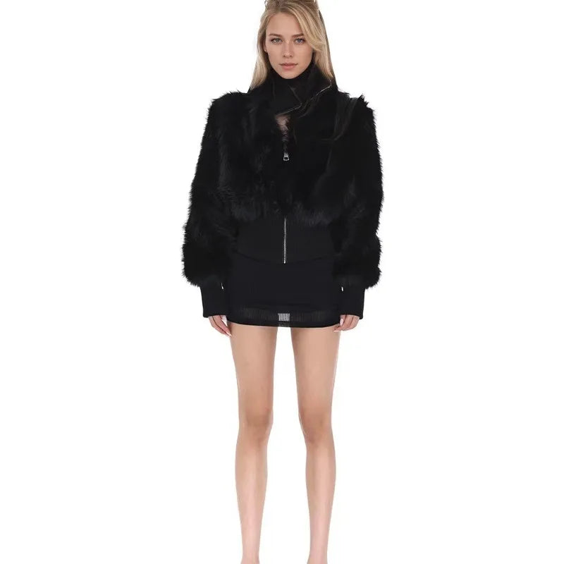 Gola alta e ombro frontal imitação de pele de raposa casaco para outono e inverno feminino 2025 novo zíper casaco de pele curto de alta qualidade