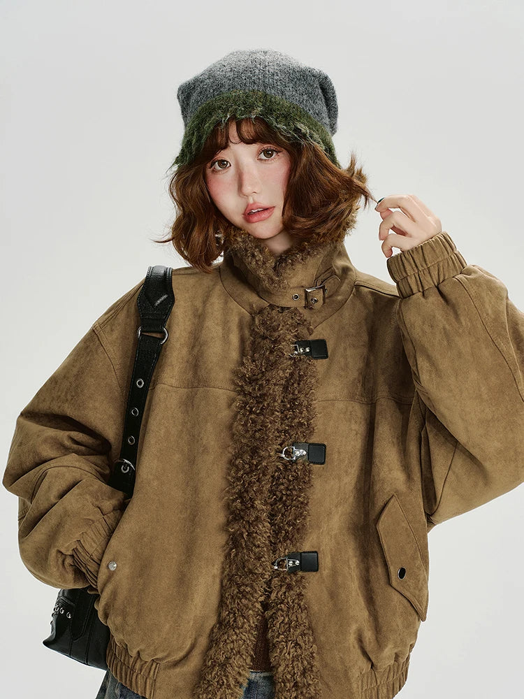 Jaqueta de camurça falsa shearling vintage para mulheres inverno grosso casaco quente retro cordeiro velo guarnição outerwear casual streetwear
