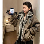 Maillard Retro Americano Emendado ​ ​ Gola de pele montanha escultura casaco de algodão cruz casaco feminino inverno veludo engrossado casaco de algodão