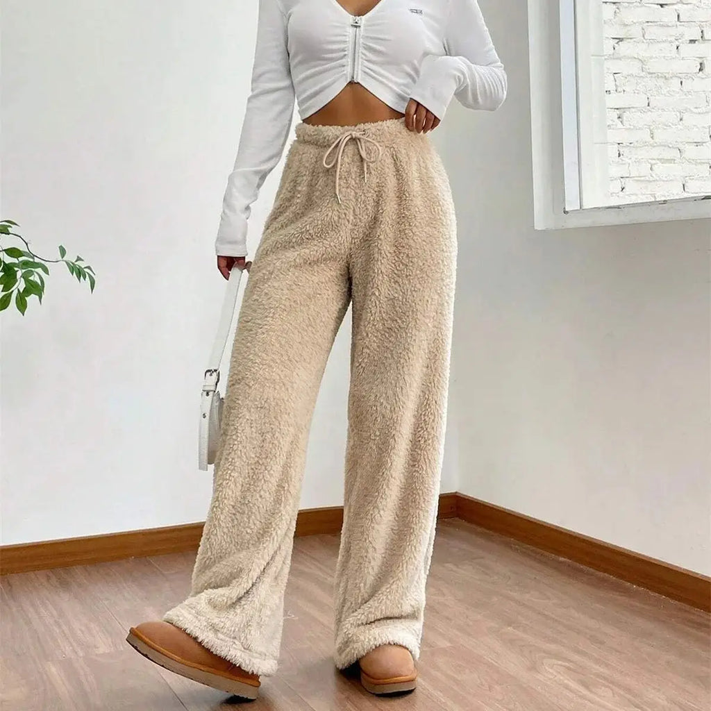 Women Drawstring Autumn Winter Pant Fashion High Wasit Plush Warm Pants Casual Straight Outfit Trousers Lady Streetwear Vintage