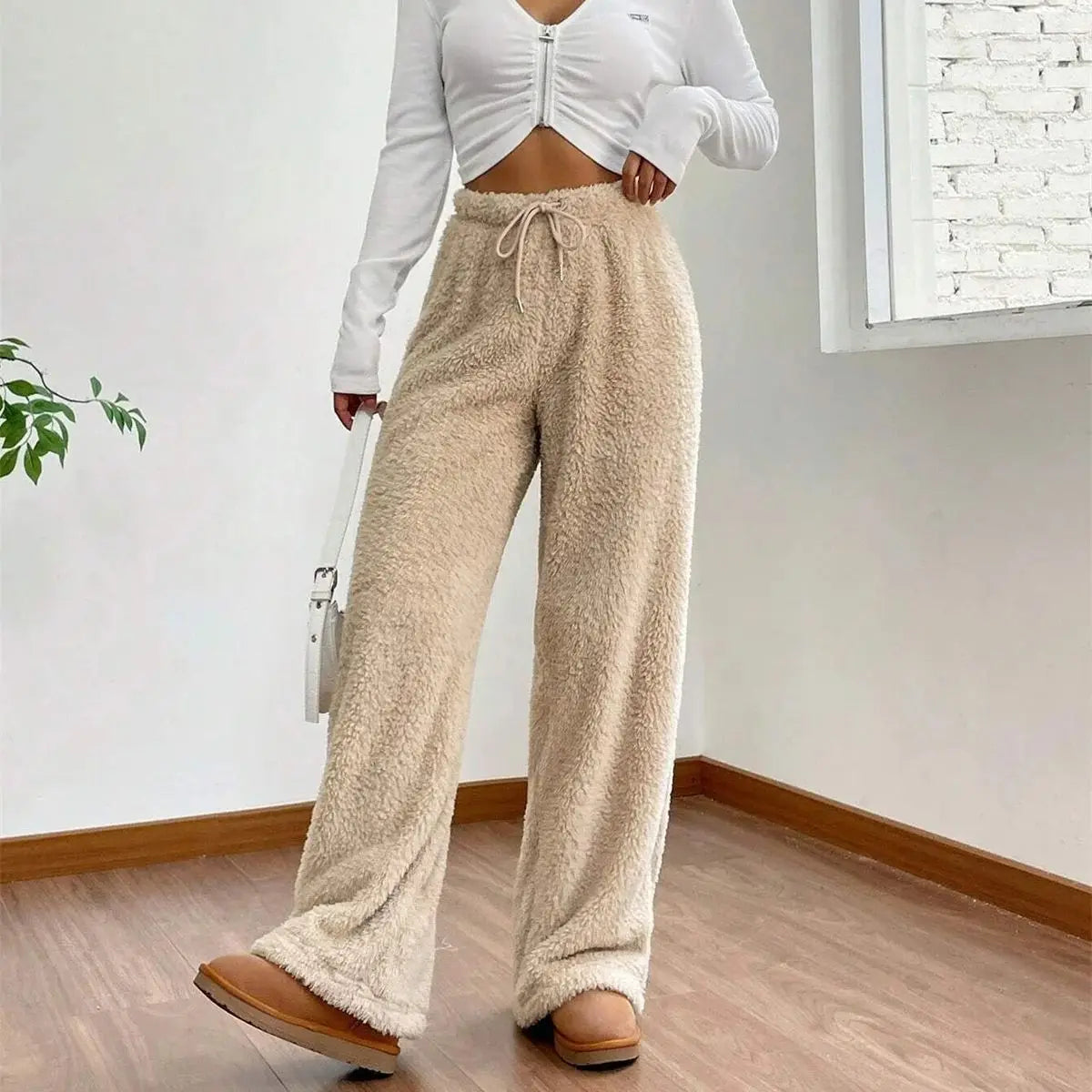 Women Drawstring Autumn Winter Pant Fashion High Wasit Plush Warm Pants Casual Straight Outfit Trousers Lady Streetwear Vintage