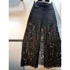 Summer New Heavy Embroidery Rhinestone Denim Patchwork Hook Flower Hollow Lace Straight Leg Wide Leg Pants Casual High Waist ...