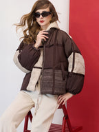 Mulheres oversized cor bloco puffer jaqueta zip up inverno quente para baixo casaco marrom bege retalhos solto ajuste leve outerwear