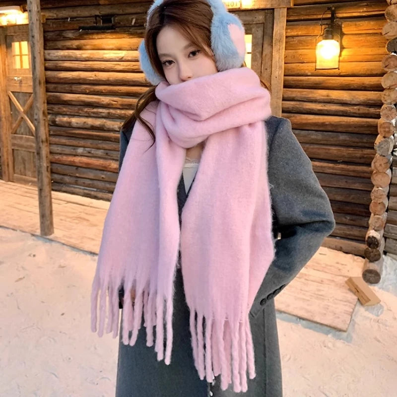 Winter Scarf for Women Cashmere Warm Solid Pink Pashmina Blanket Wraps Female Thick Soft Bufanda Big Tassel Shawl Long Echarpe