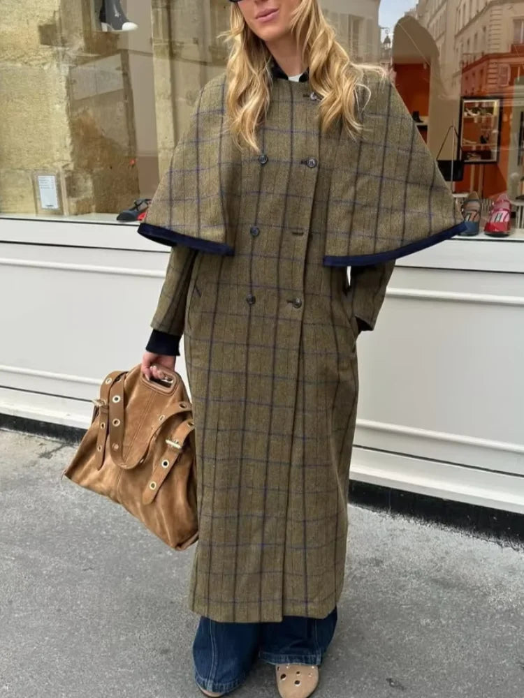 Women Chic Lapel Plaid Woolen Coat Casual Shawl Full Sleeve Double Breasted Loose Long Coat 2026 Lady Daily Commute Outwear New