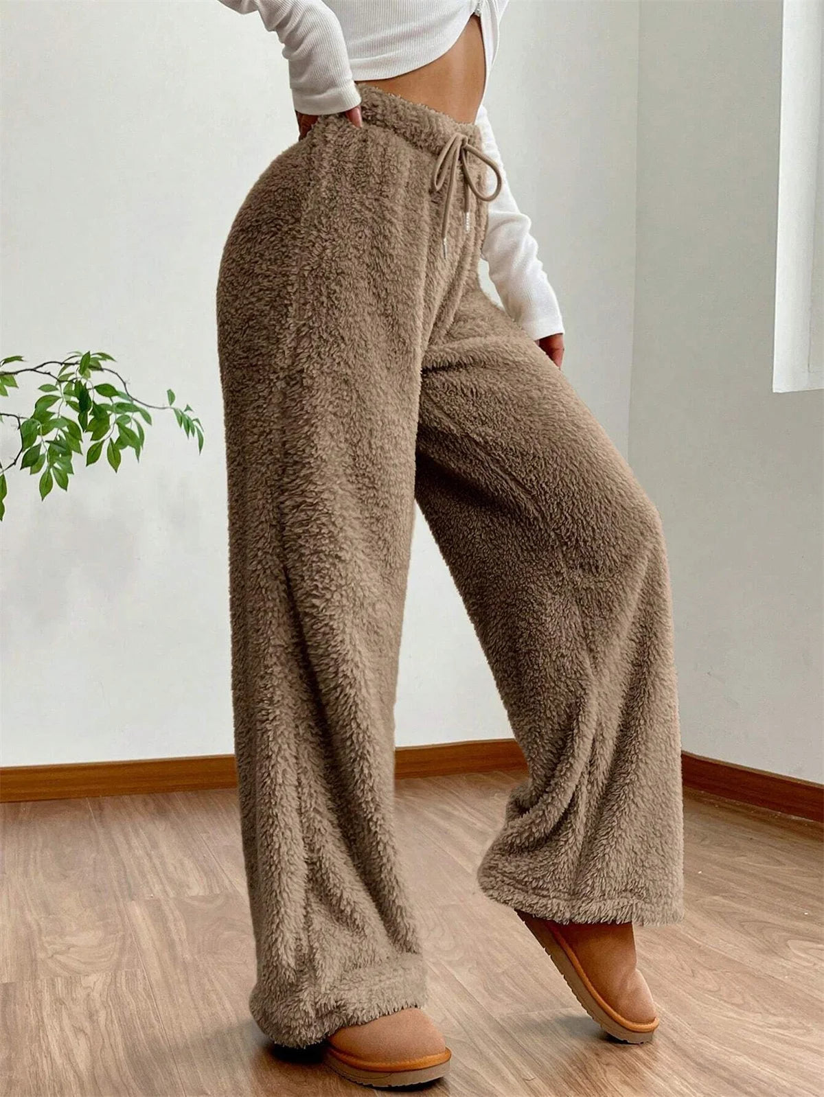 Women Drawstring Autumn Winter Pant Fashion High Wasit Plush Warm Pants Casual Straight Outfit Trousers Lady Streetwear Vintage