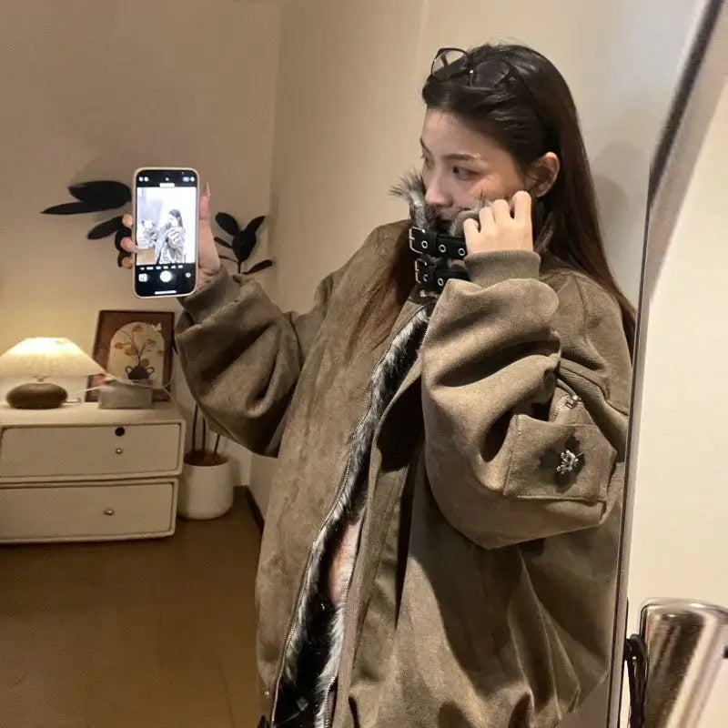 Maillard Retro Americano Emendado ​ ​ Gola de pele montanha escultura casaco de algodão cruz casaco feminino inverno veludo engrossado casaco de algodão