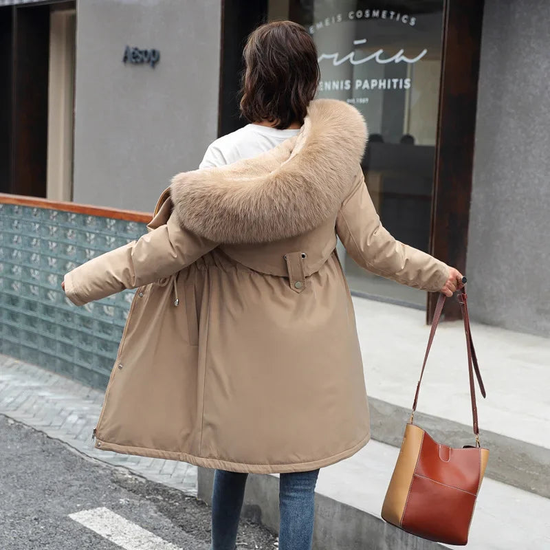 Winter Parka 2024 New Women Jacket Clothes Long Coat Wool Liner Hooded Jacket Fur Collar Thick Warm Snow Wear Fashion Parka
