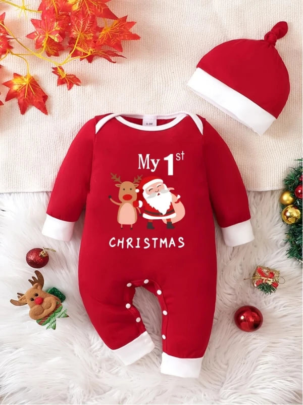 Christmas Limited Edition round Neck Romper Suit with Hat for Newborn Baby Spring Autumn Wear