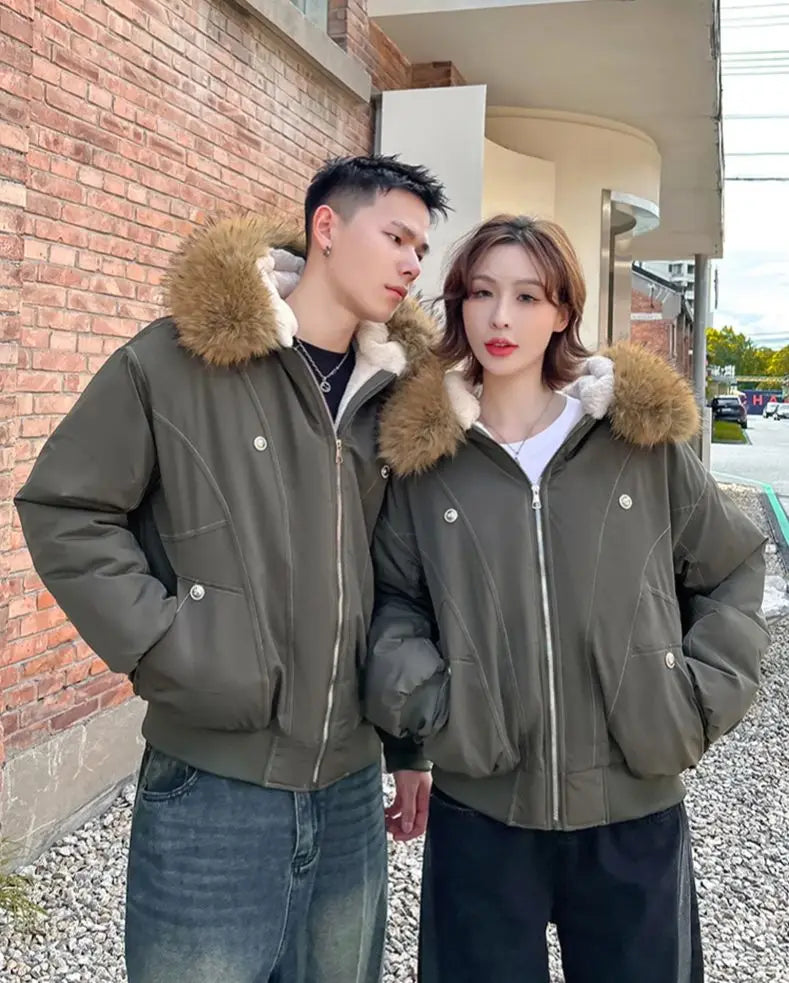 ZAROY Fur Collar Hooded Parkas Y2k Harajuku Thicken Padded Jackets Casual Zipper Gothic Women&Men Winter Coats Streetwear кур