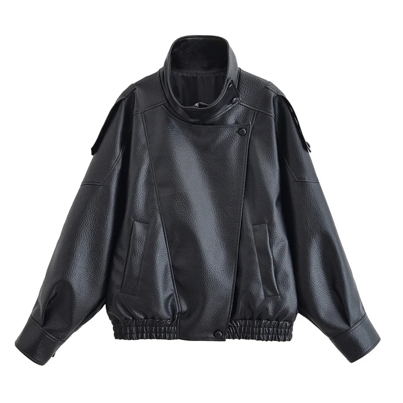 Chic Black Faux Leather Motorcycle Jacket for Women