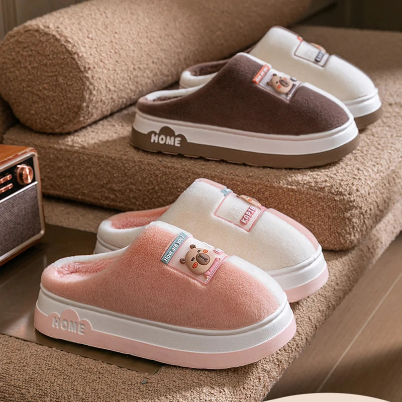 2025 New Cartoon Plush Slippers for Women - Winter Warm Couple House Shoes, Thick Sole Indoor Cotton-Lined Home Slides